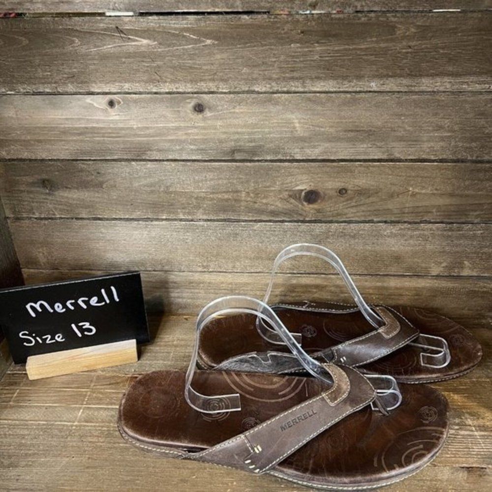 Mens Merrell Brown Leather Comfort Outdoor Walking‎ Flip Flops Sandals Size 13 M